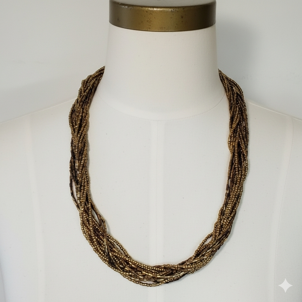 Multi-Strand 25" Necklace Beaded Copper Gold Glass Braided Seed Bugle Baguette